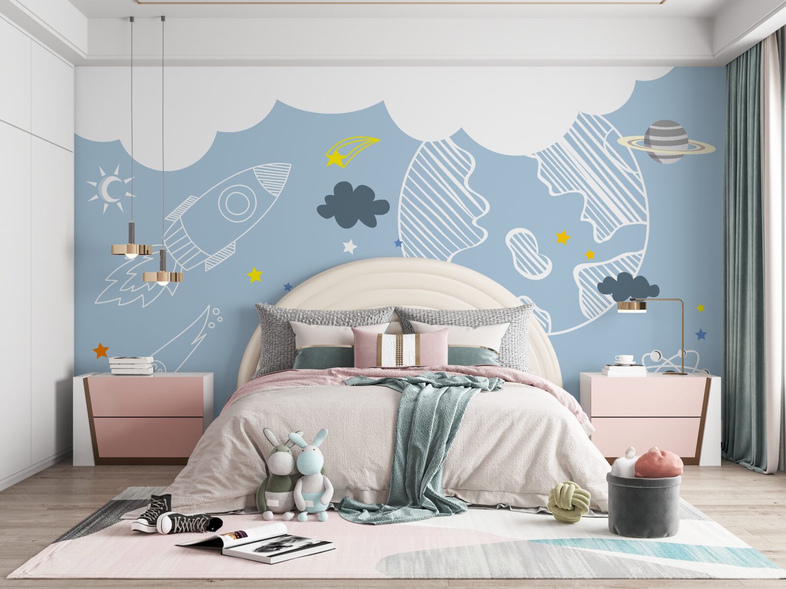 Fotobehang afbeelding van ruimte op een blauwe achtergrond