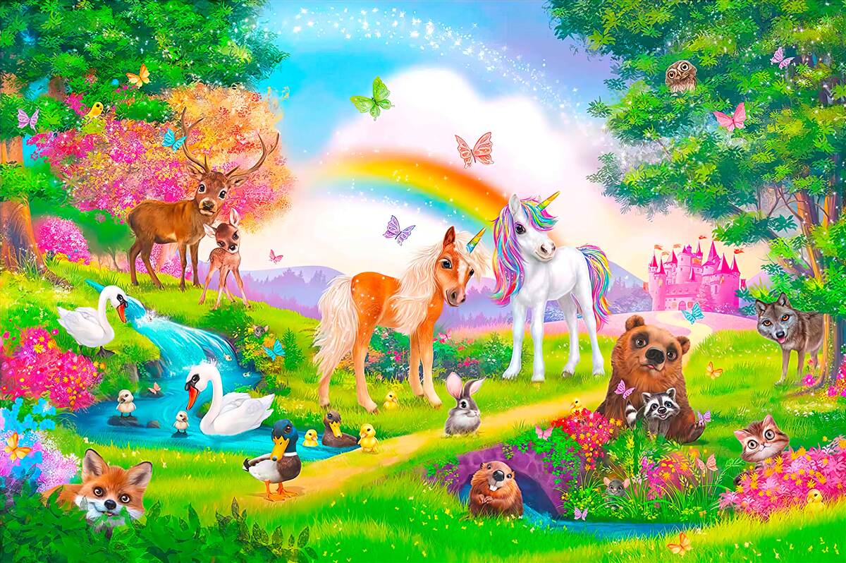 Fotobehang de bosweide wordt bewoond door eenhoorns, dieren, vogels en vlinders