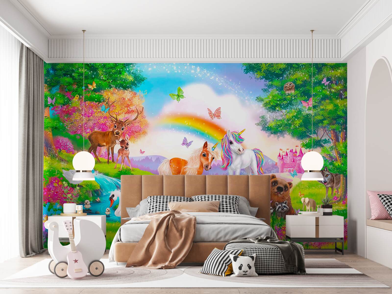 Fotobehang de bosweide wordt bewoond door eenhoorns, dieren, vogels en vlinders