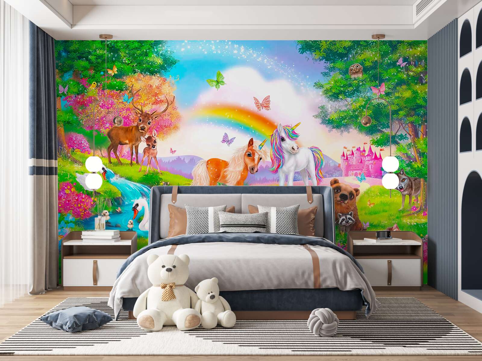 Fotobehang de bosweide wordt bewoond door eenhoorns, dieren, vogels en vlinders