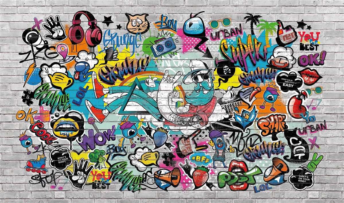 Fotobehang Bakstenen muur versierd met heldere graffiti