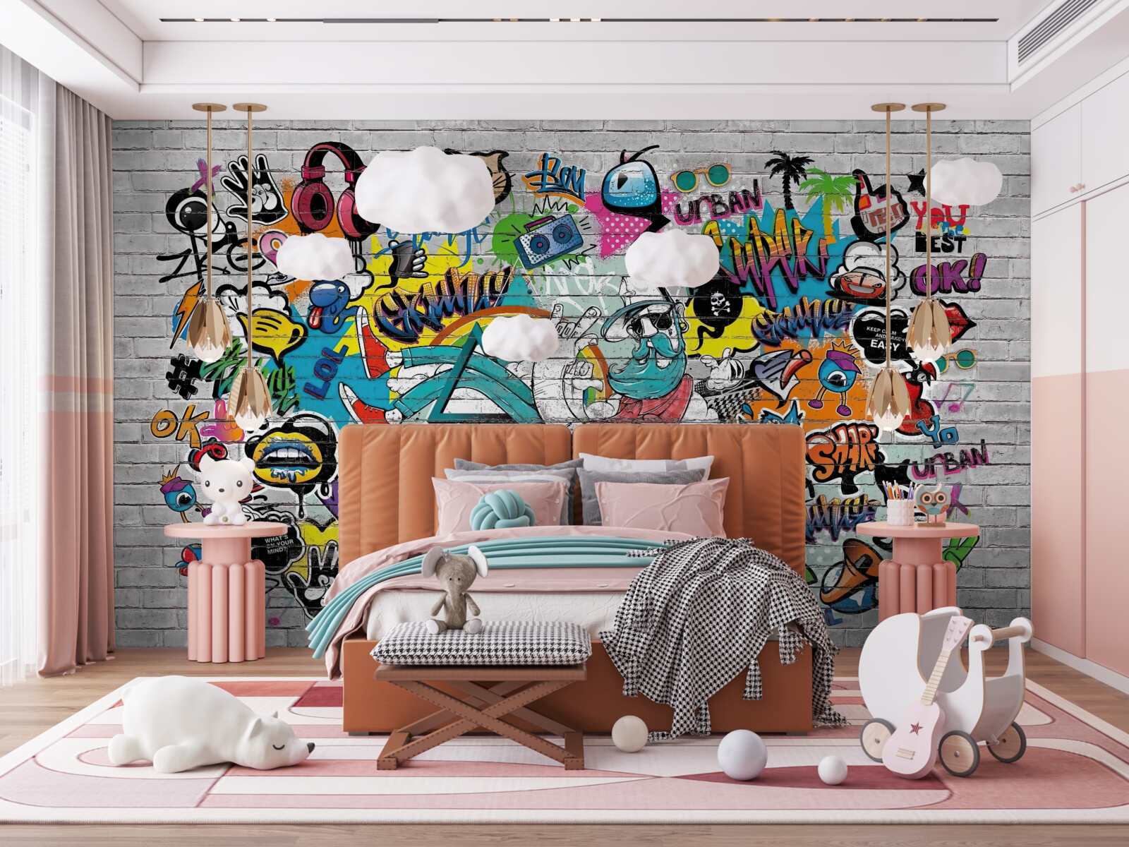 Fotobehang Bakstenen muur versierd met heldere graffiti