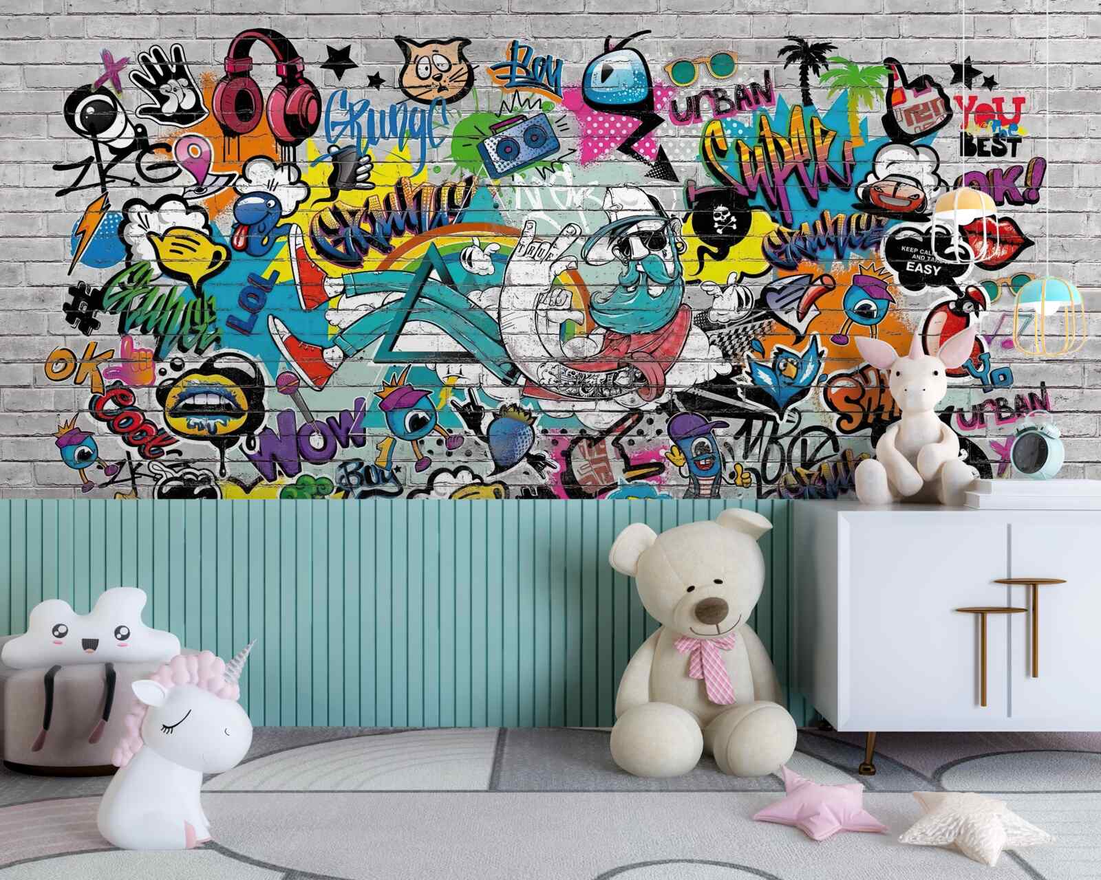 Fotobehang Bakstenen muur versierd met heldere graffiti