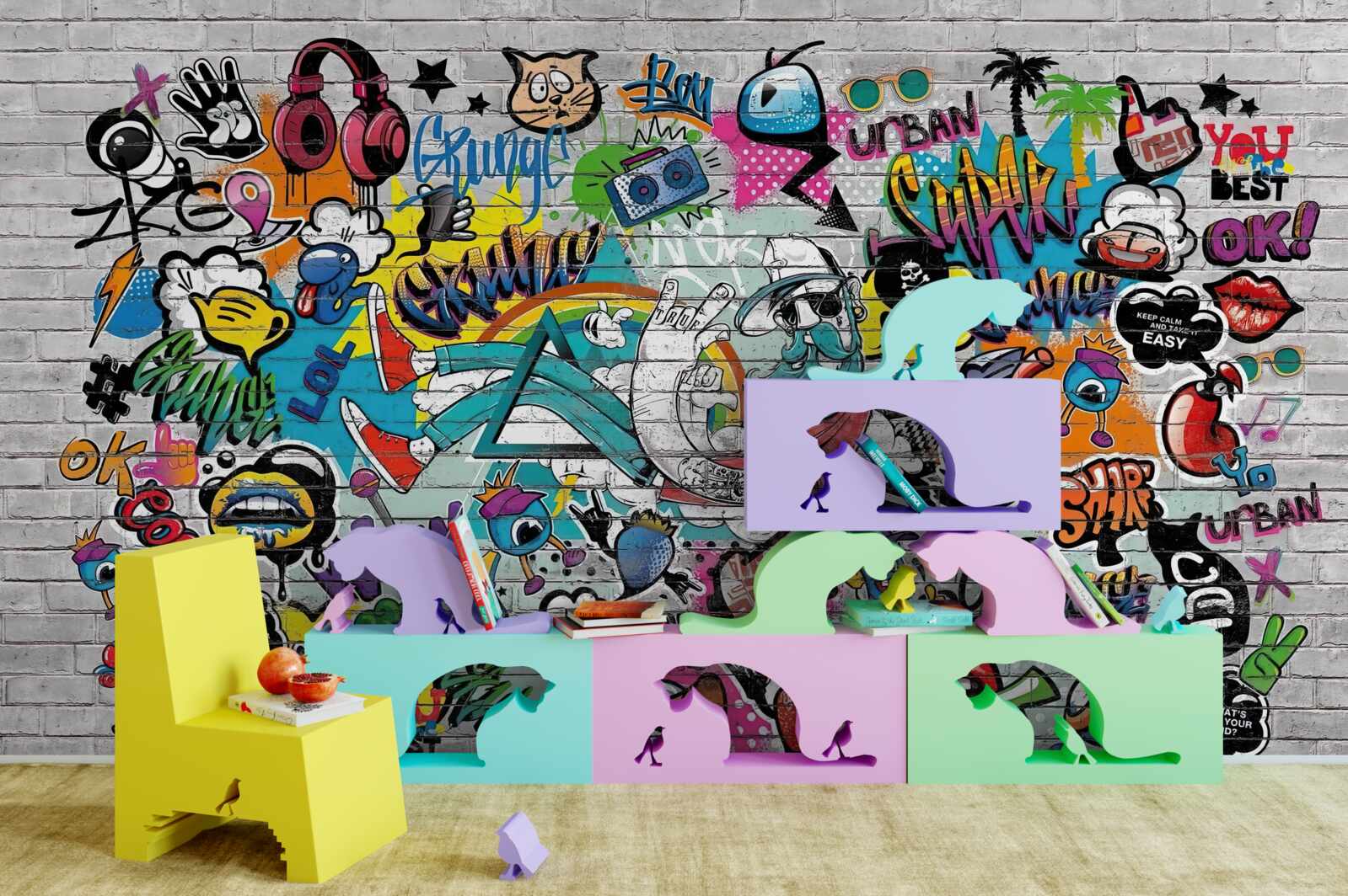 Fotobehang Bakstenen muur versierd met heldere graffiti