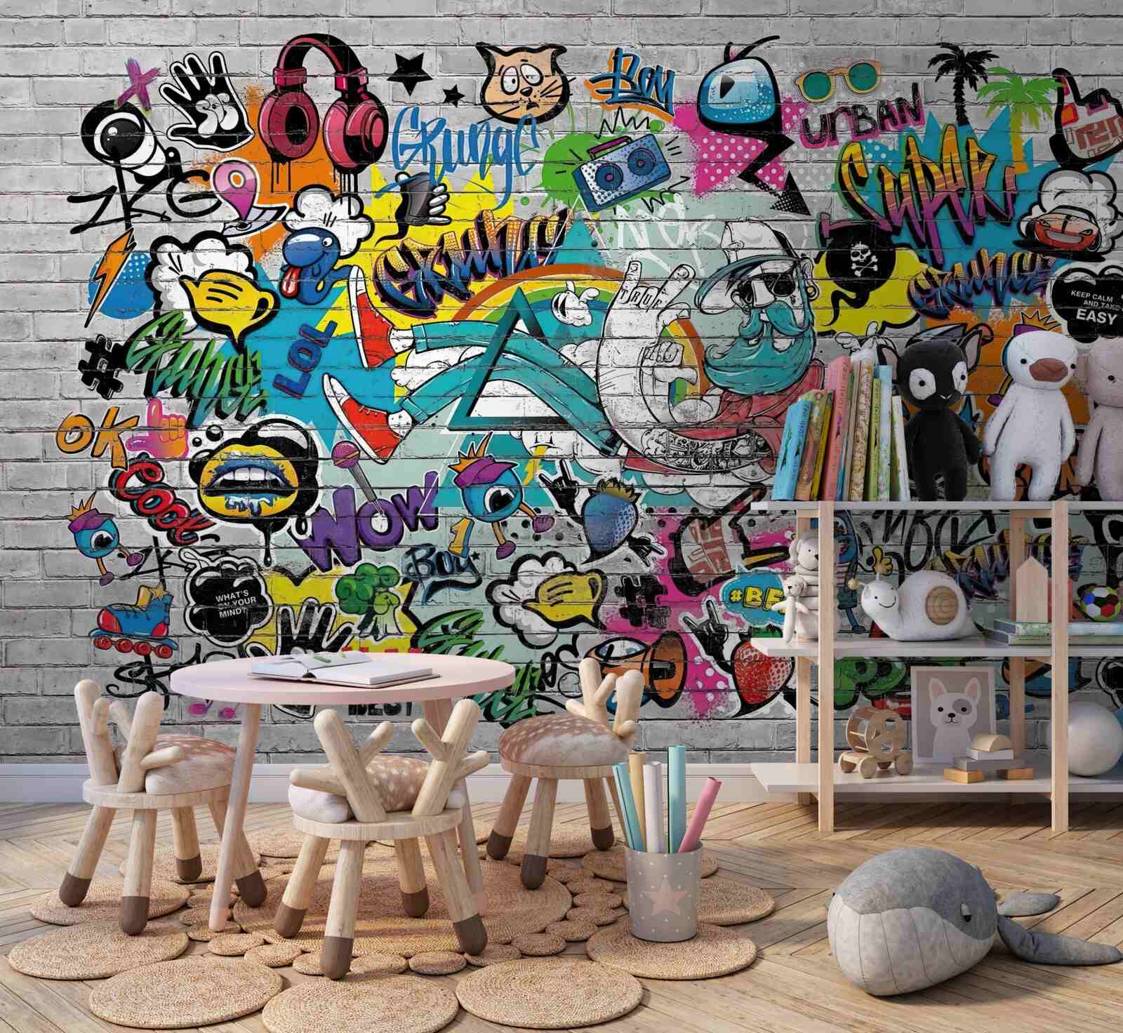 Fotobehang Bakstenen muur versierd met heldere graffiti