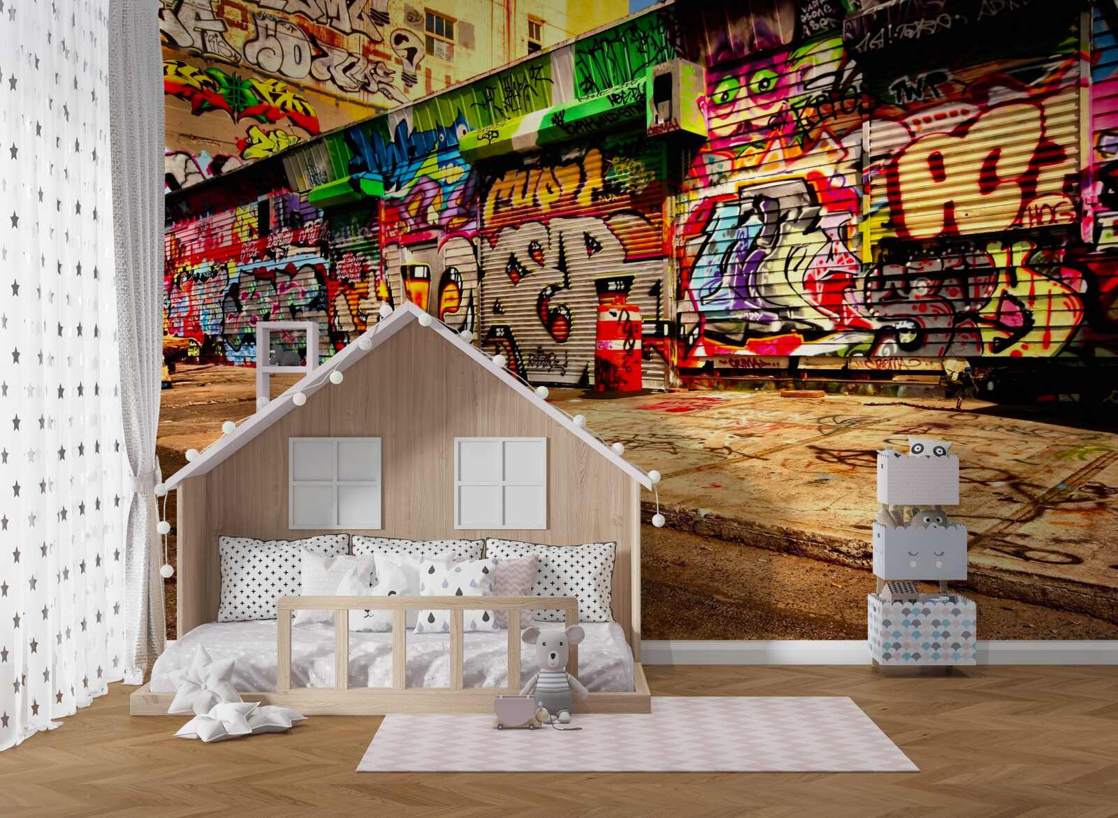 Fotobehang gebouwen langs de straat zijn versierd met graffiti