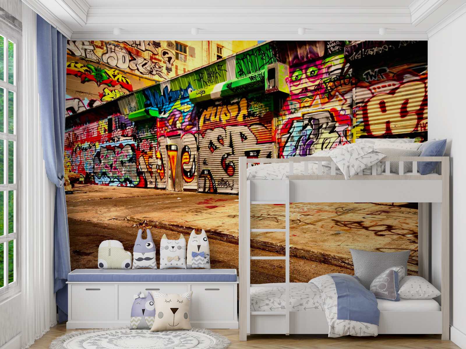 Fotobehang gebouwen langs de straat zijn versierd met graffiti