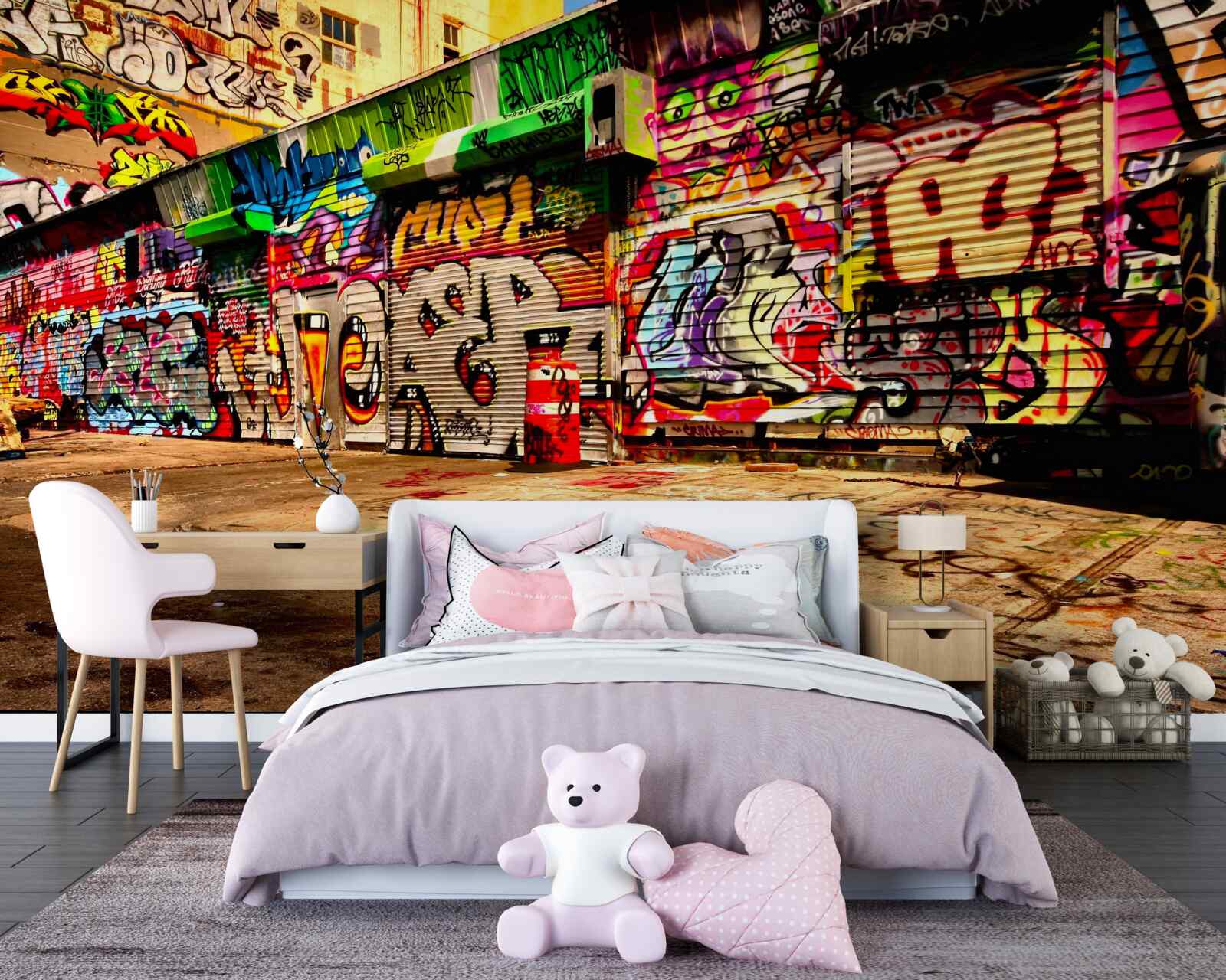 Fotobehang gebouwen langs de straat zijn versierd met graffiti