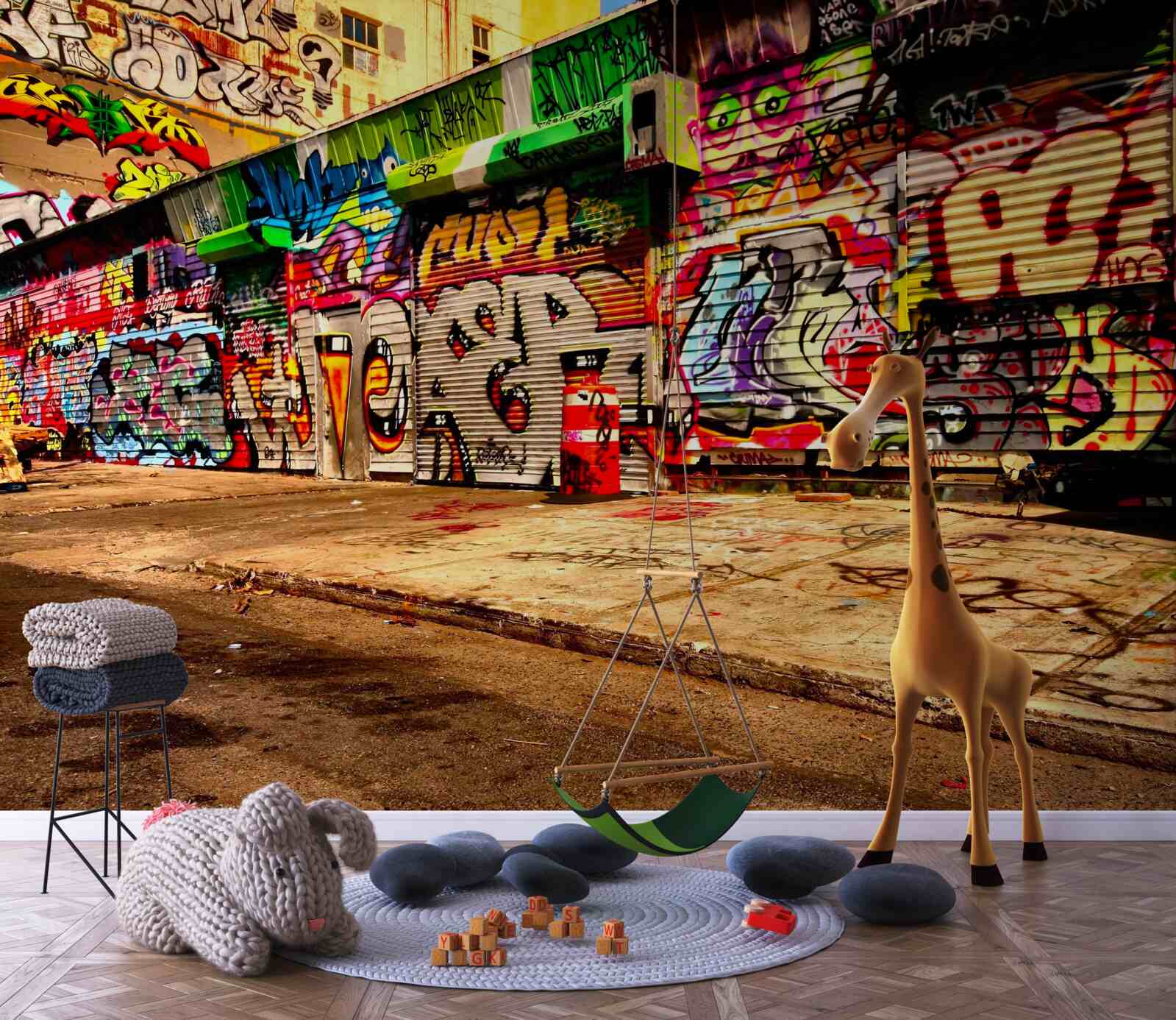 Fotobehang gebouwen langs de straat zijn versierd met graffiti