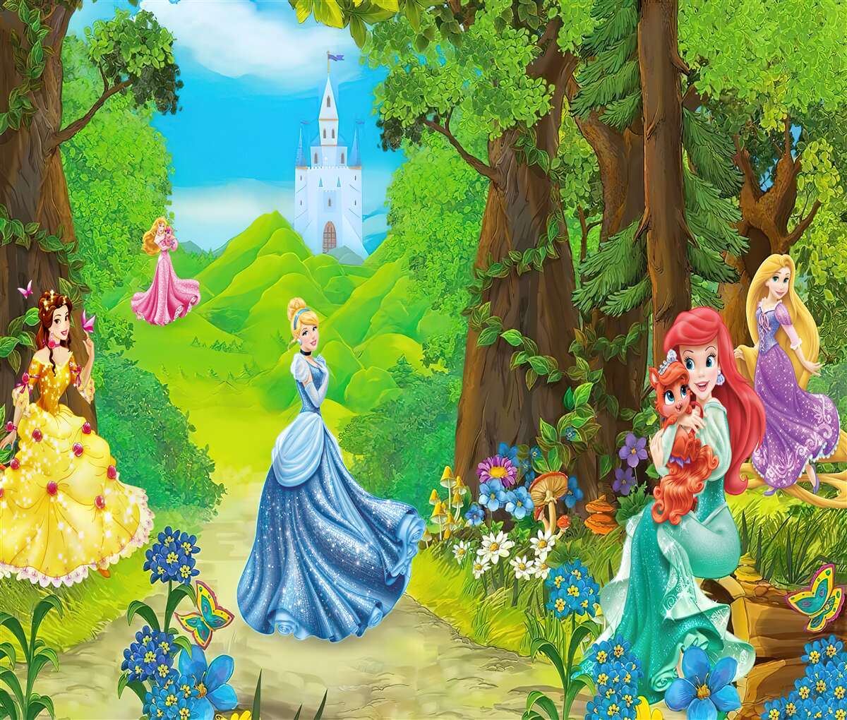 Fotobehang disney tekenfilm prinsessen maken een wandeling in het bos