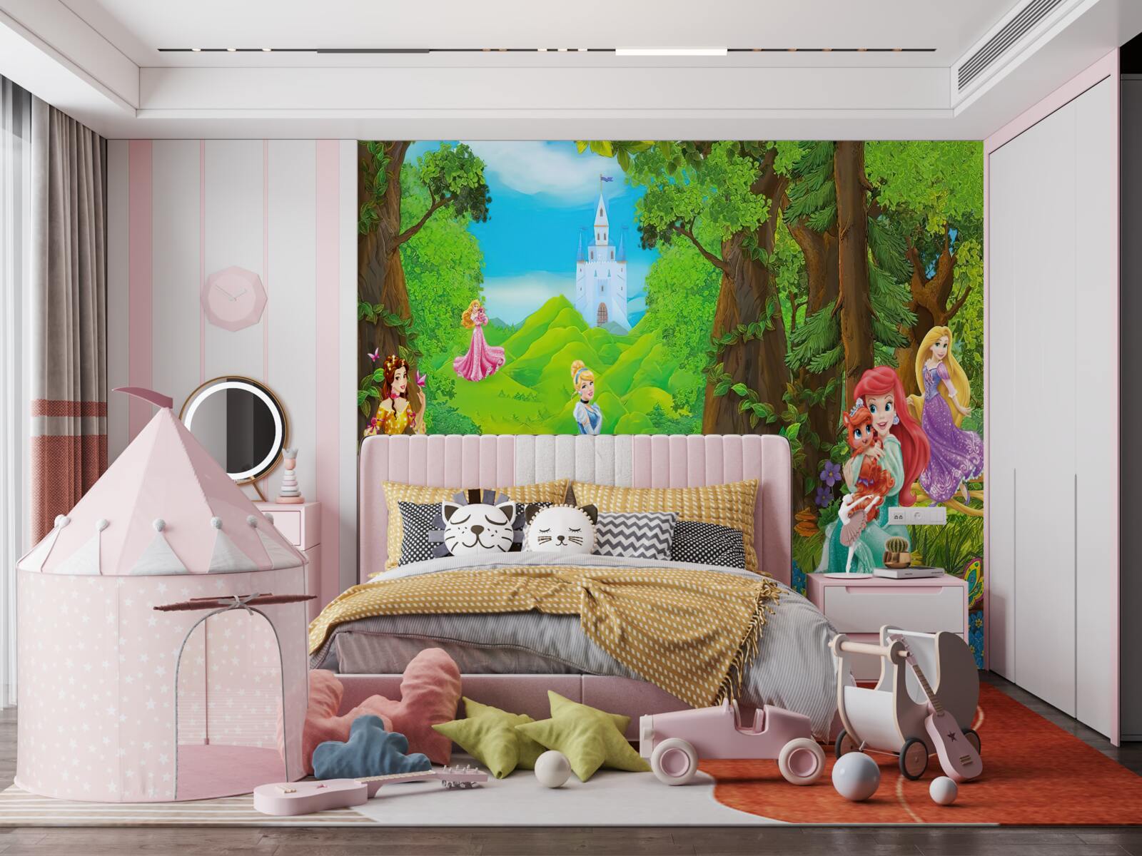 Fotobehang disney tekenfilm prinsessen maken een wandeling in het bos