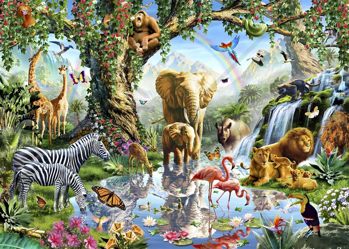 Fotobehang verschillende dieren en vogels in het bos bij de vijver