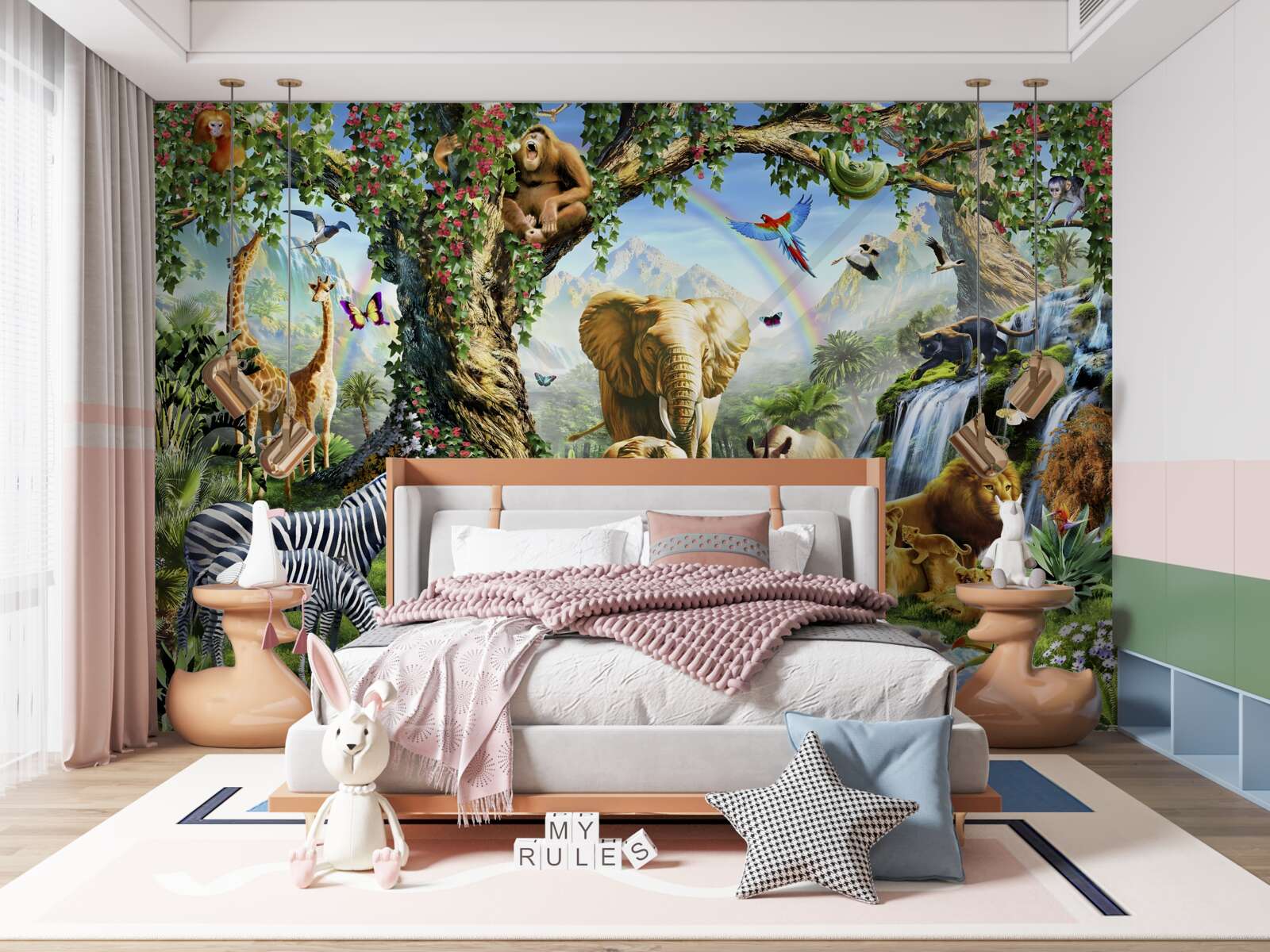 Fotobehang verschillende dieren en vogels in het bos bij de vijver