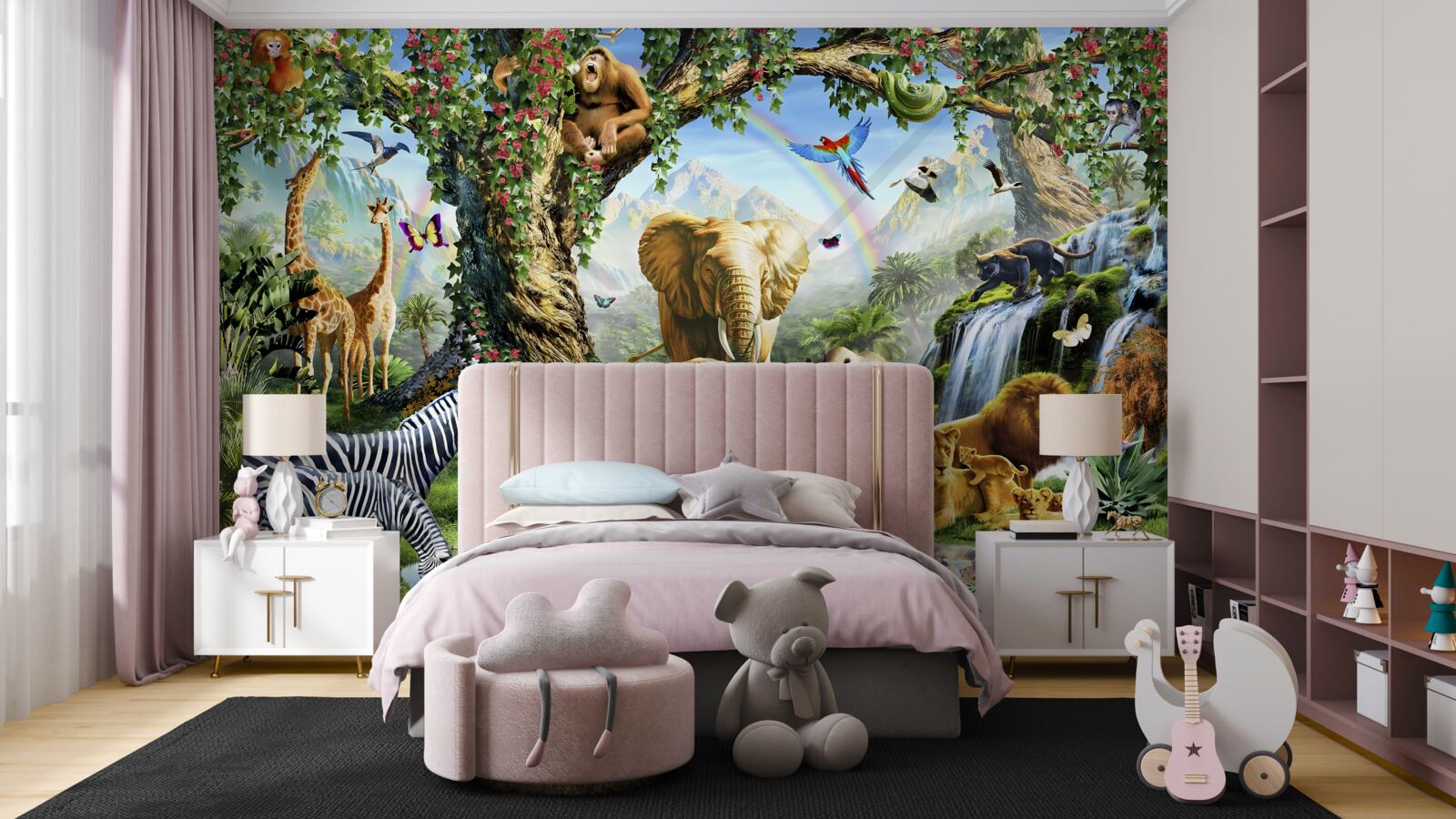 Fotobehang verschillende dieren en vogels in het bos bij de vijver