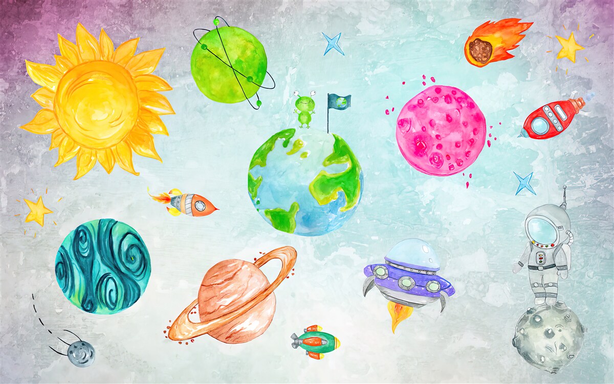 Fotobehang planeten en een astronaut op de maan afgebeeld