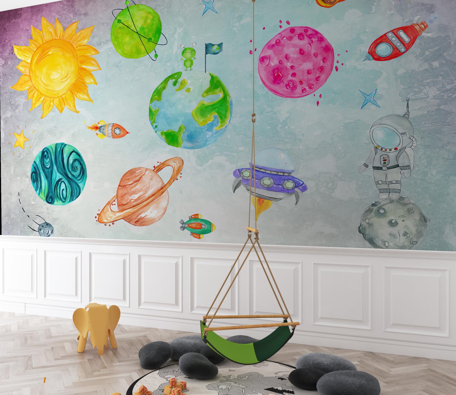 Fotobehang planeten en een astronaut op de maan afgebeeld