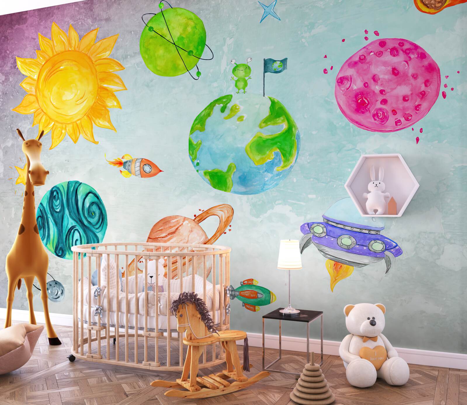 Fotobehang planeten en een astronaut op de maan afgebeeld