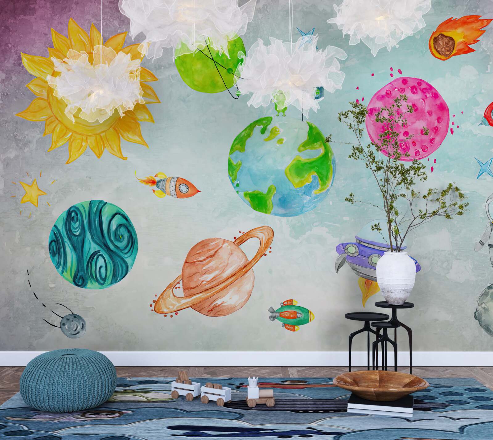 Fotobehang planeten en een astronaut op de maan afgebeeld