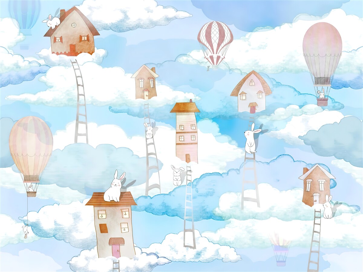 Fotobehang konijnen bovenop gebouwen en trappen