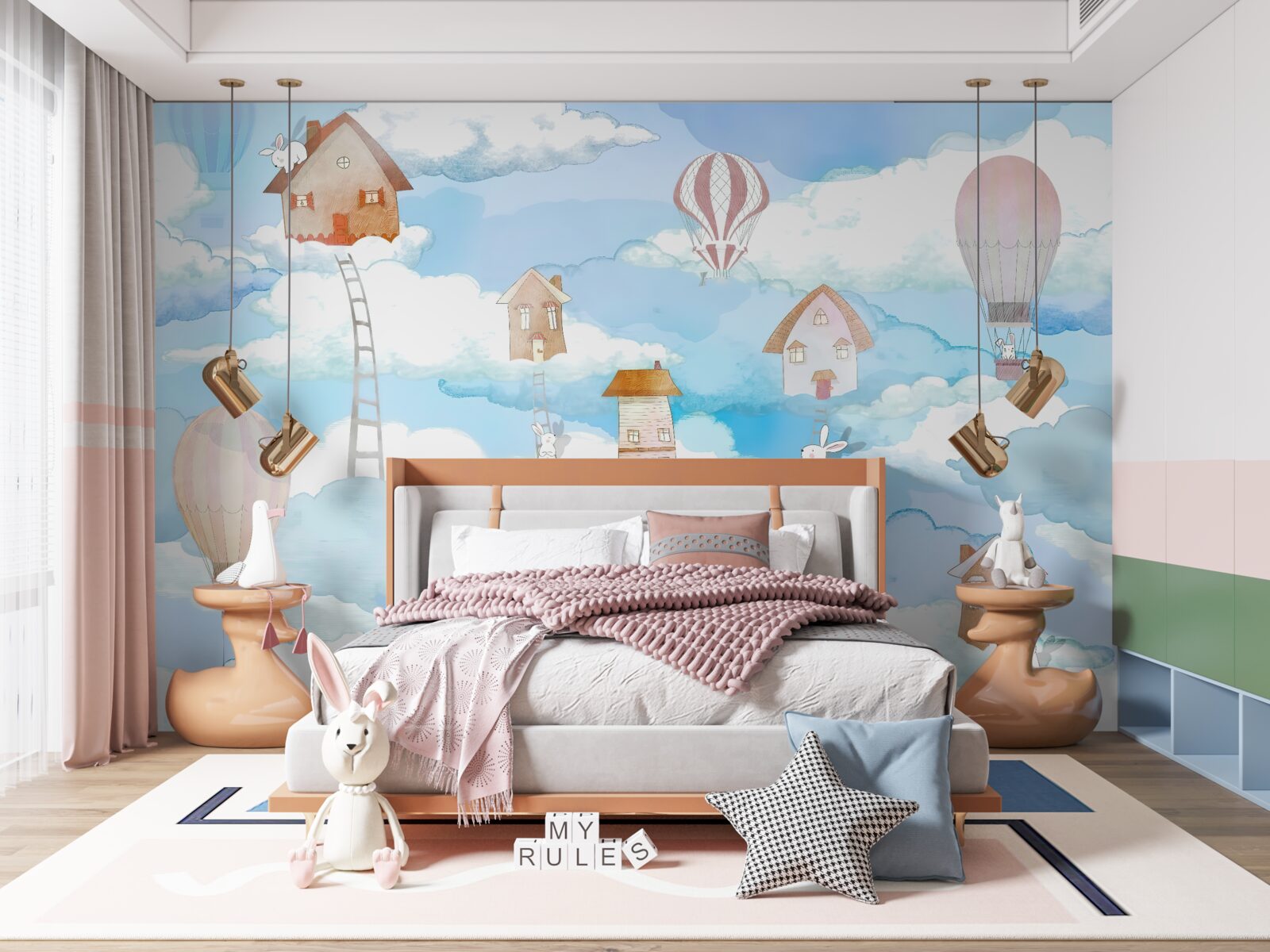 Fotobehang konijnen bovenop gebouwen en trappen