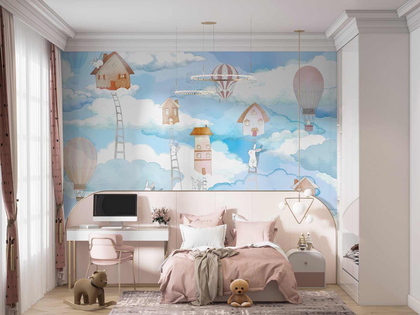 Fotobehang konijnen bovenop gebouwen en trappen