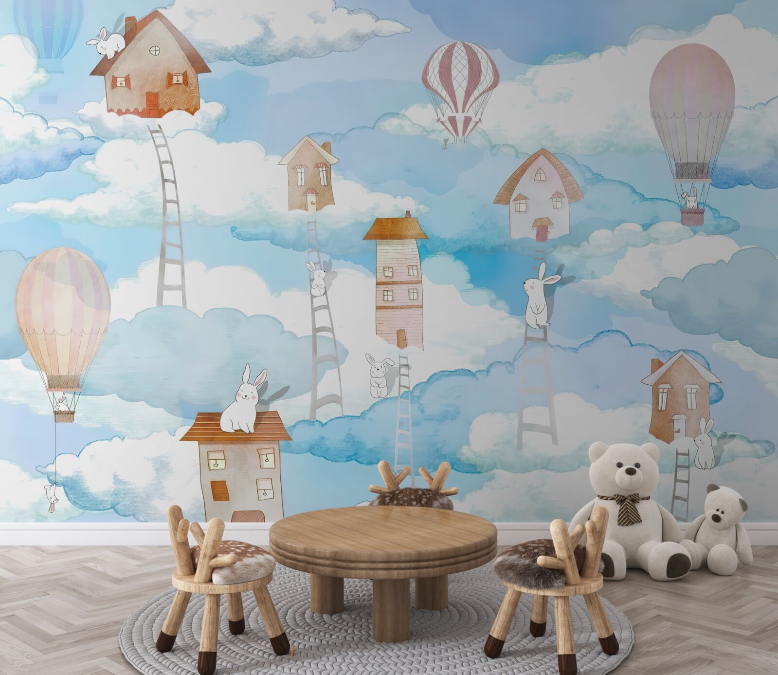 Fotobehang konijnen bovenop gebouwen en trappen