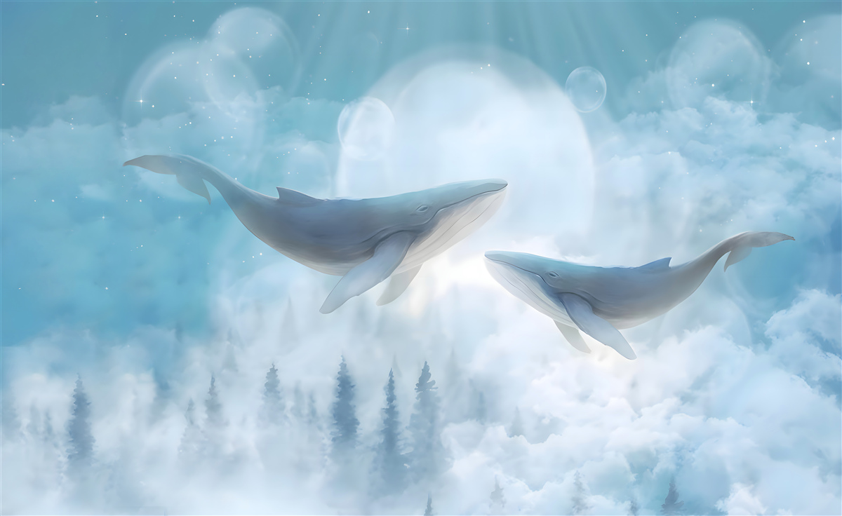 Fotobehang walvissen glijden over het mistige bos