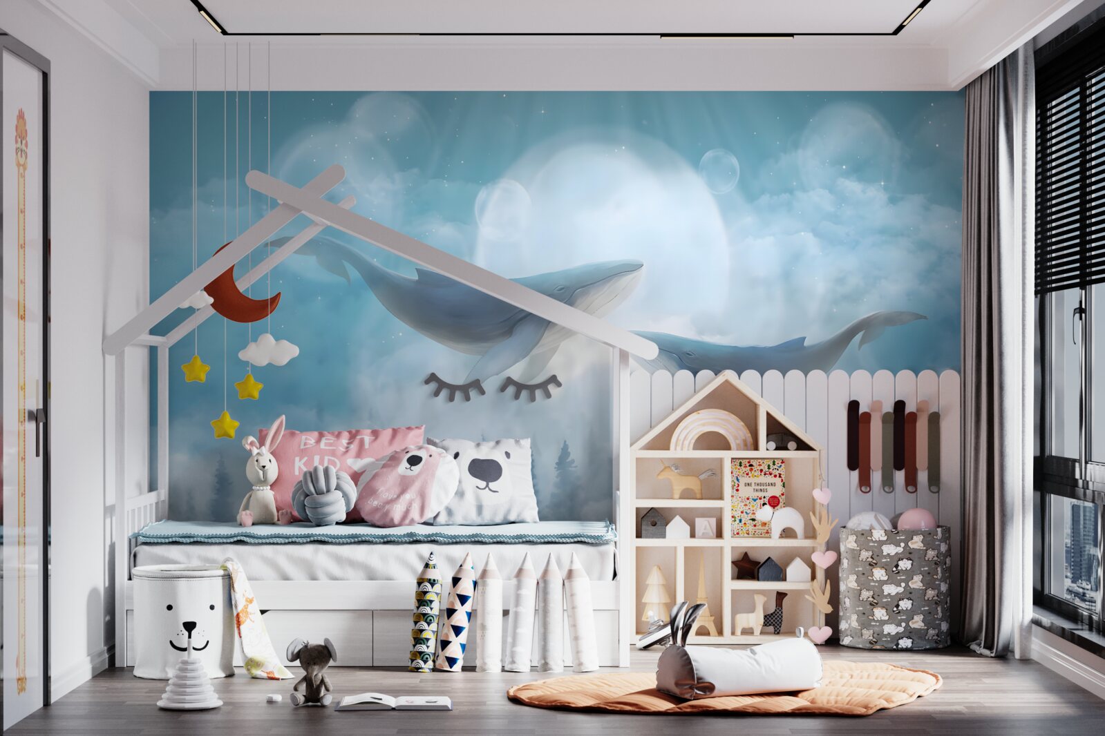 Fotobehang walvissen glijden over het mistige bos