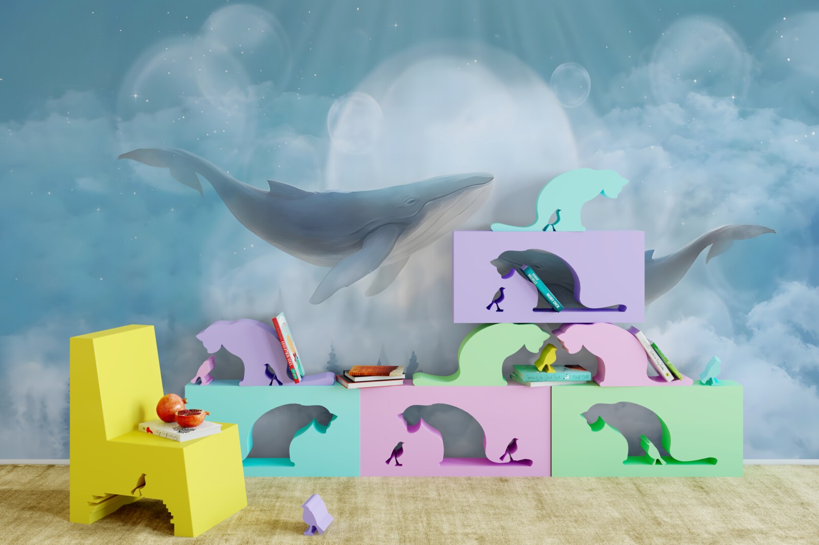 Fotobehang walvissen glijden over het mistige bos