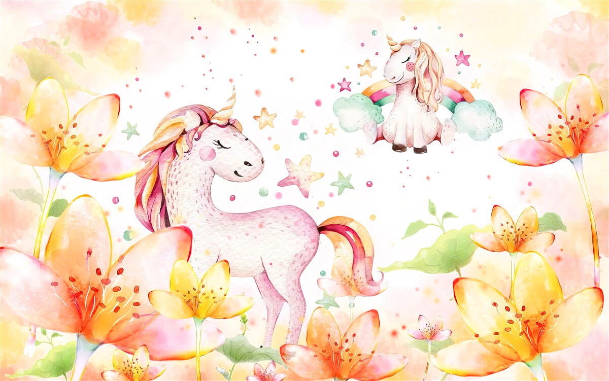 Fotobehang bloemen rond eenhoorns met gesloten ogen