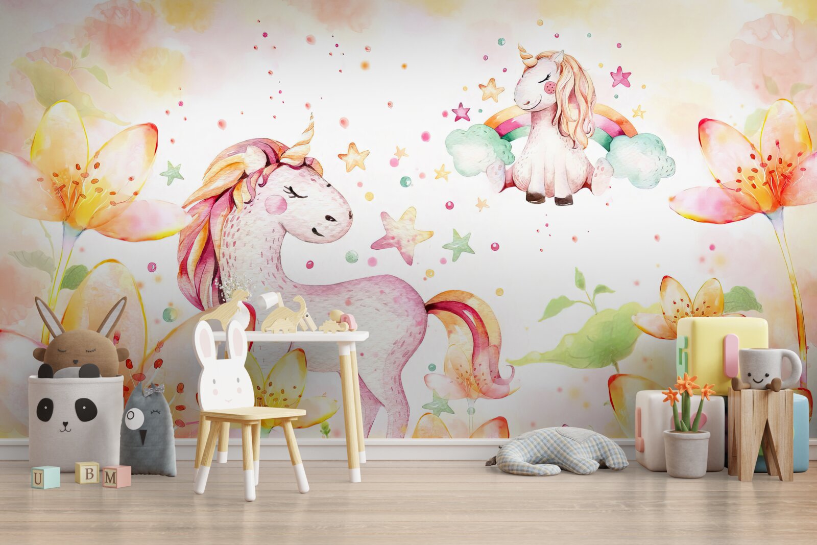 Fotobehang bloemen rond eenhoorns met gesloten ogen