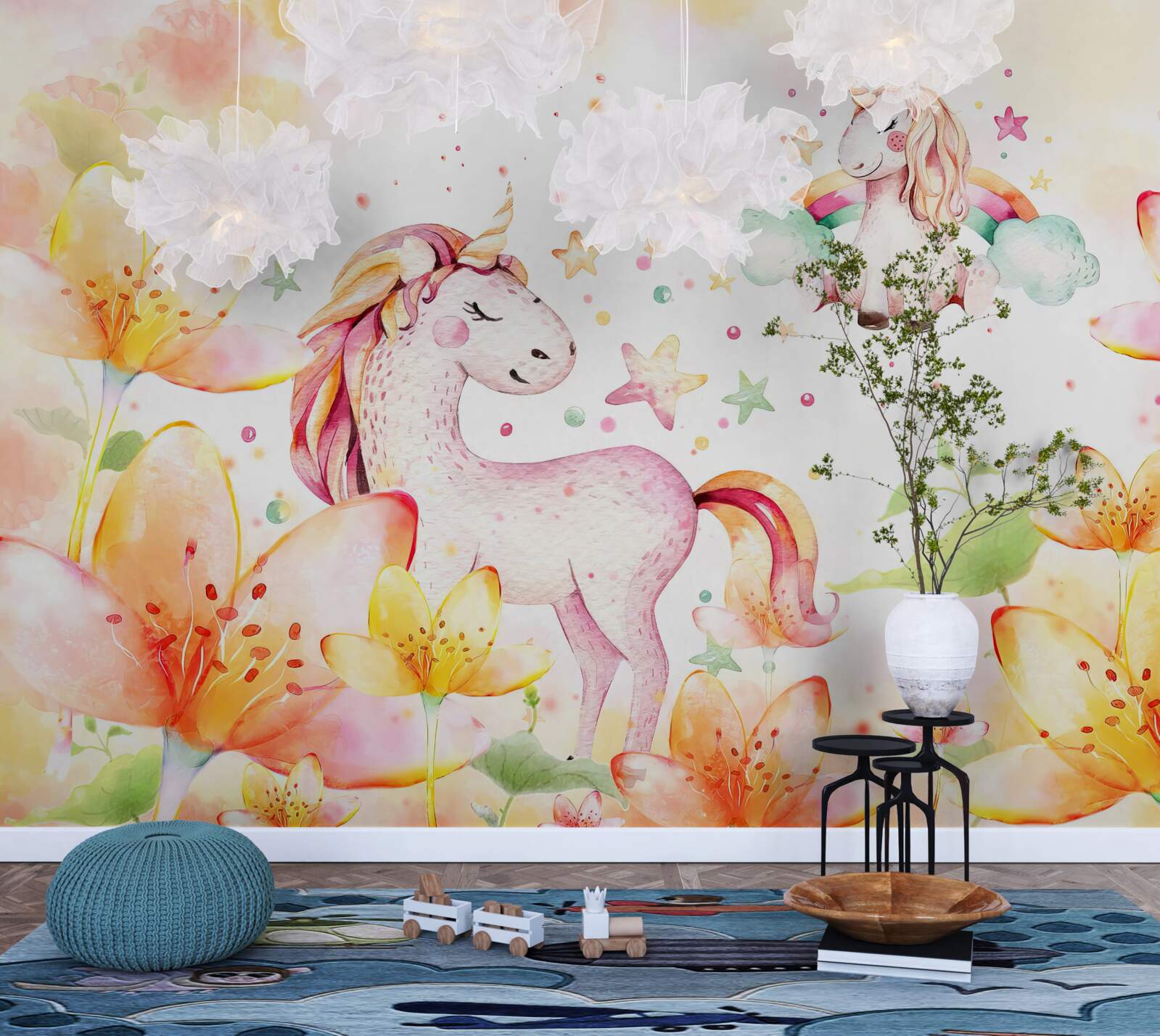 Fotobehang bloemen rond eenhoorns met gesloten ogen