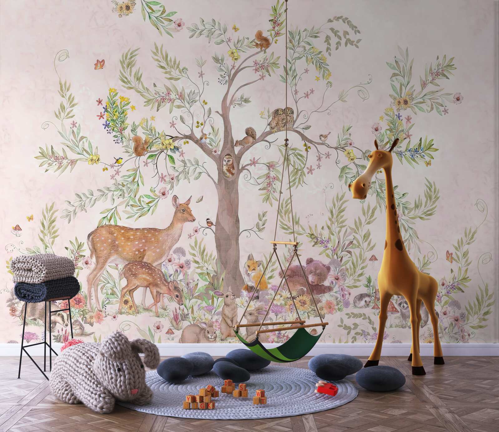 Fotobehang er zijn dieren onder de boom