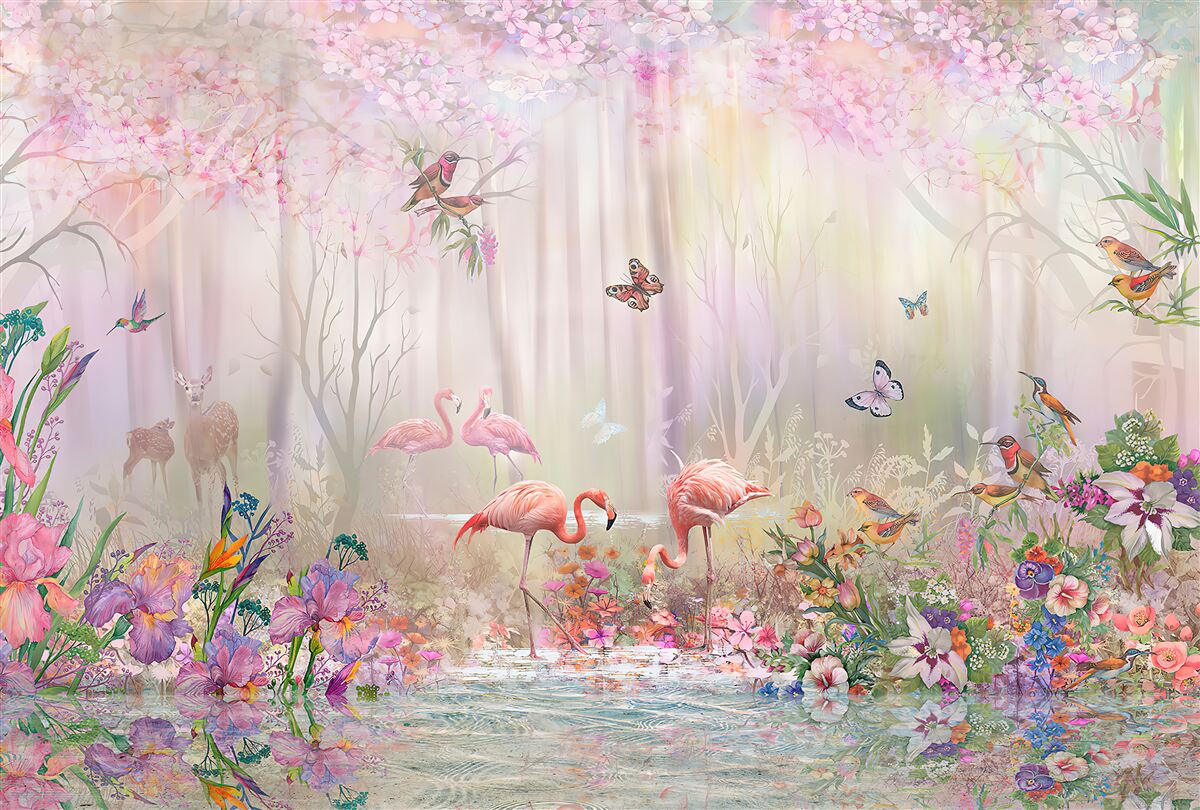 Fotobehang flamingo's en andere vogels in een mistig bos