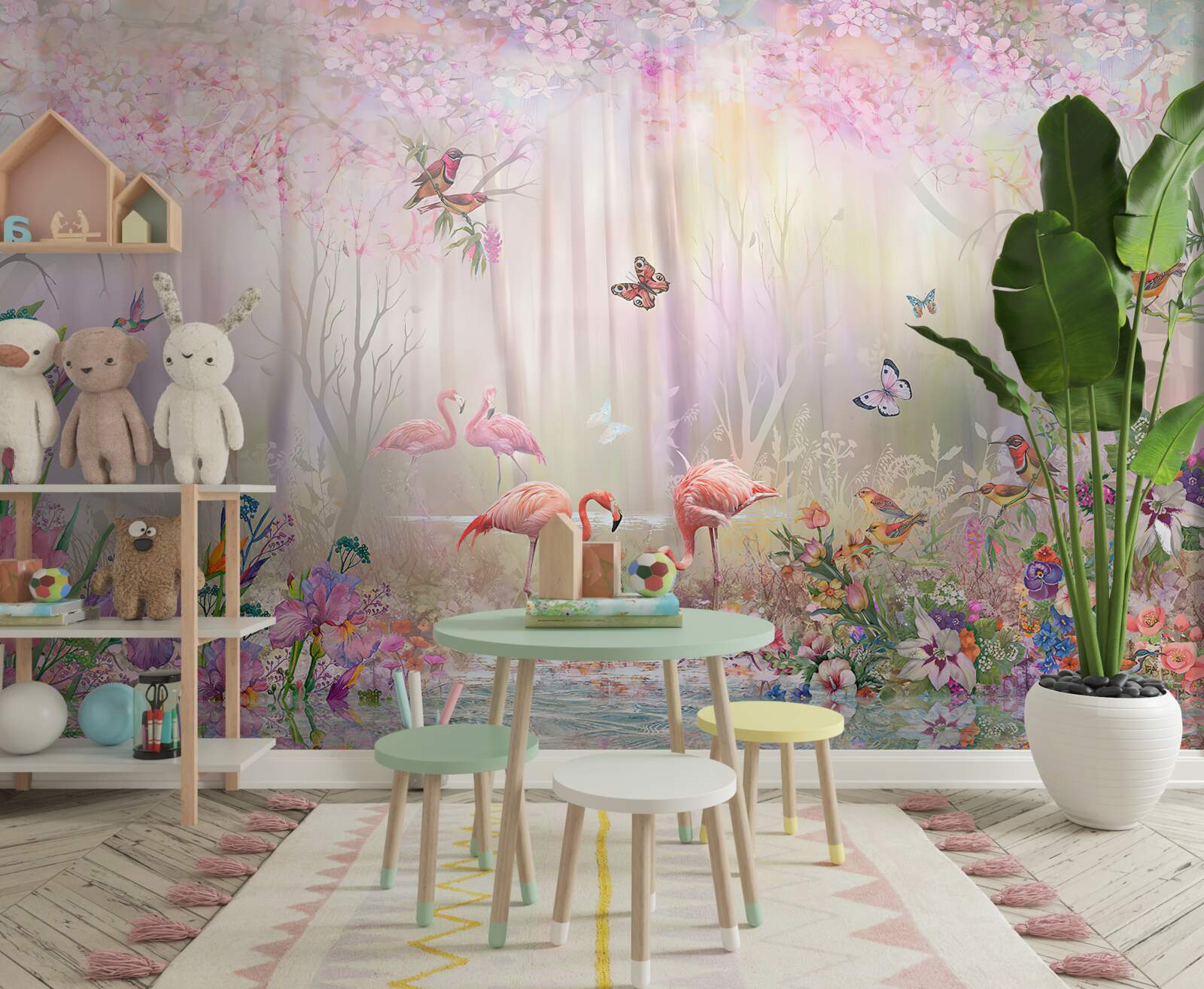 Fotobehang flamingo's en andere vogels in een mistig bos