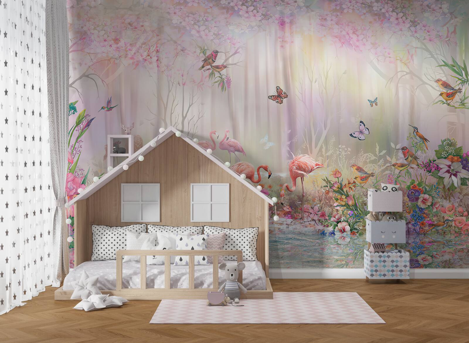 Fotobehang flamingo's en andere vogels in een mistig bos