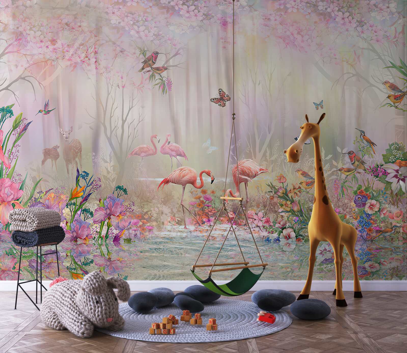 Fotobehang flamingo's en andere vogels in een mistig bos