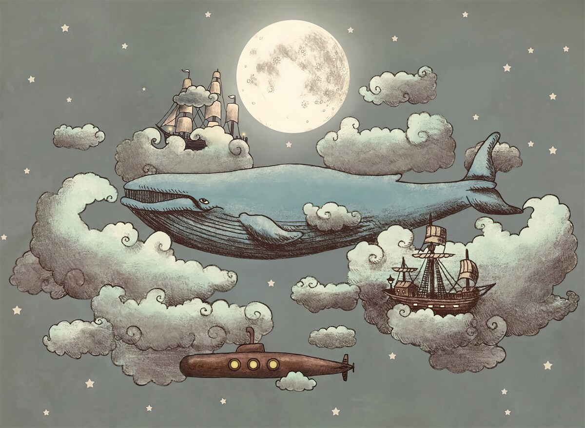 Fotobehang een potvis en een drijvend schip zweven in de wolken