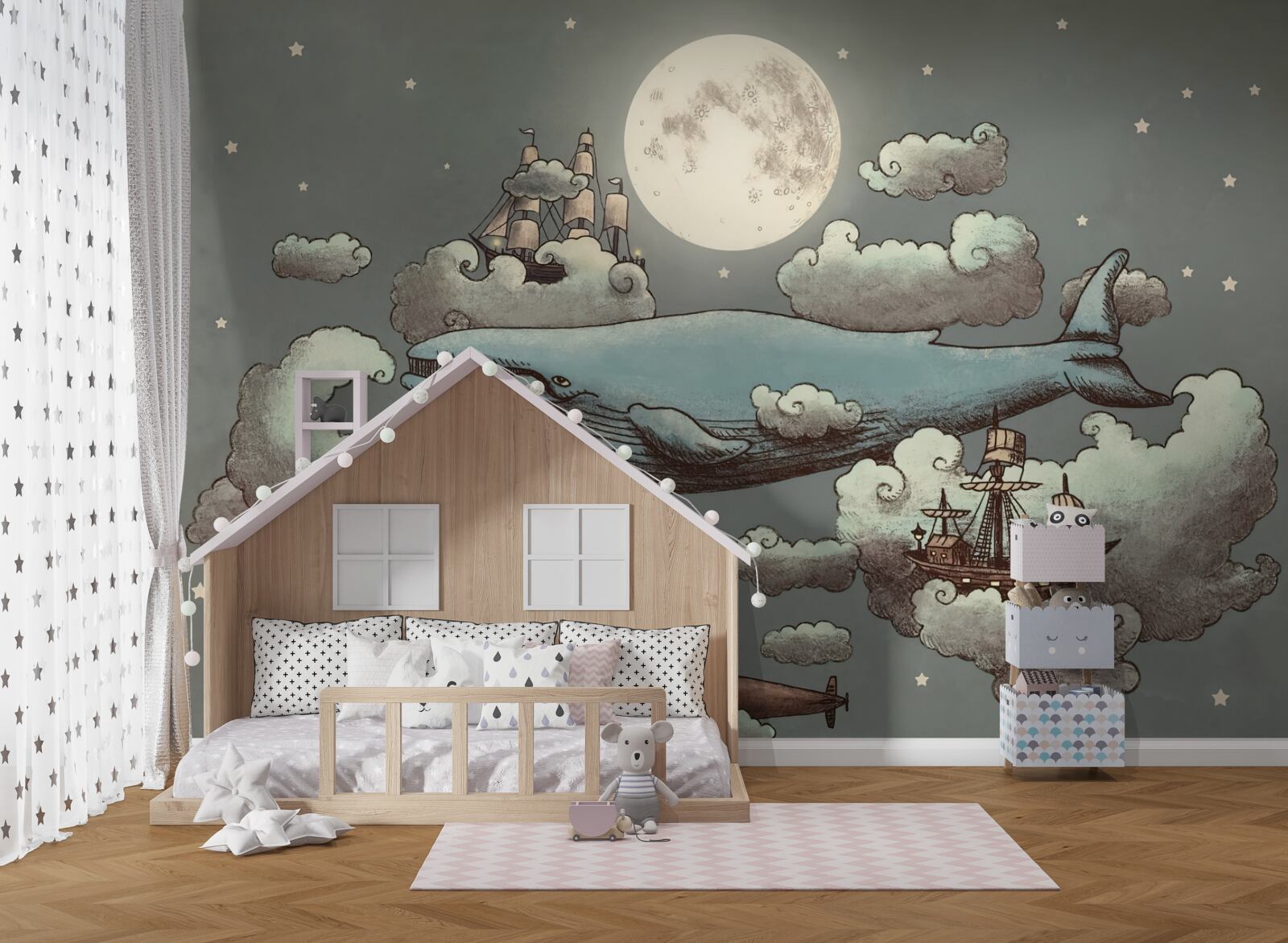 Fotobehang een potvis en een drijvend schip zweven in de wolken