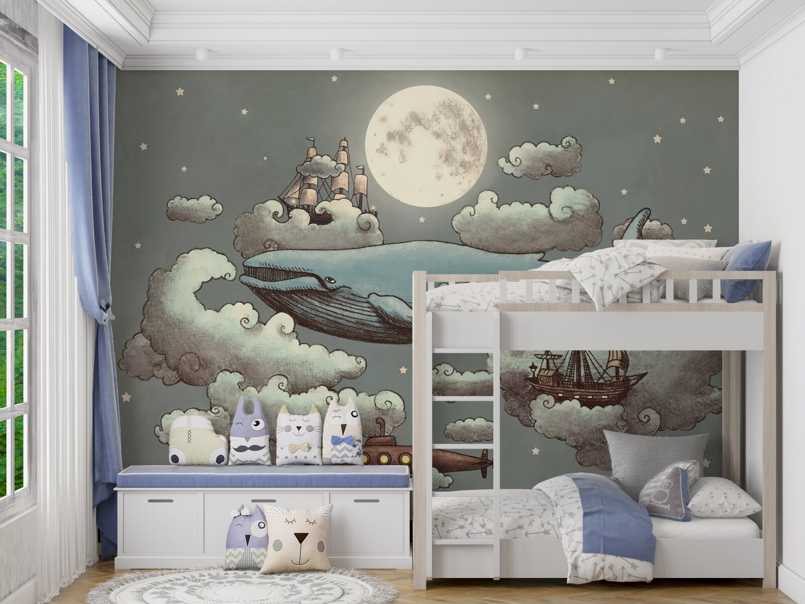 Fotobehang een potvis en een drijvend schip zweven in de wolken