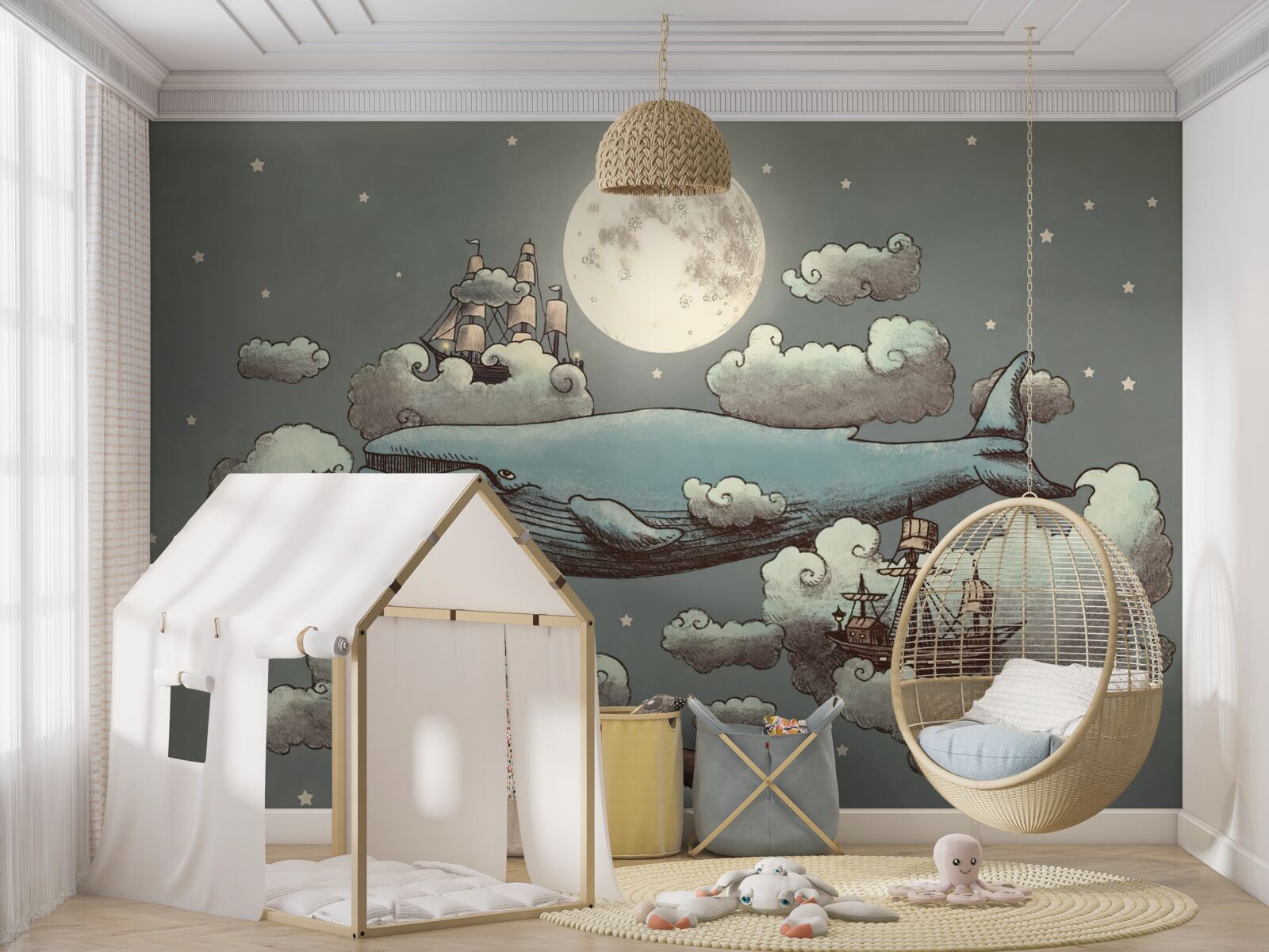 Fotobehang een potvis en een drijvend schip zweven in de wolken