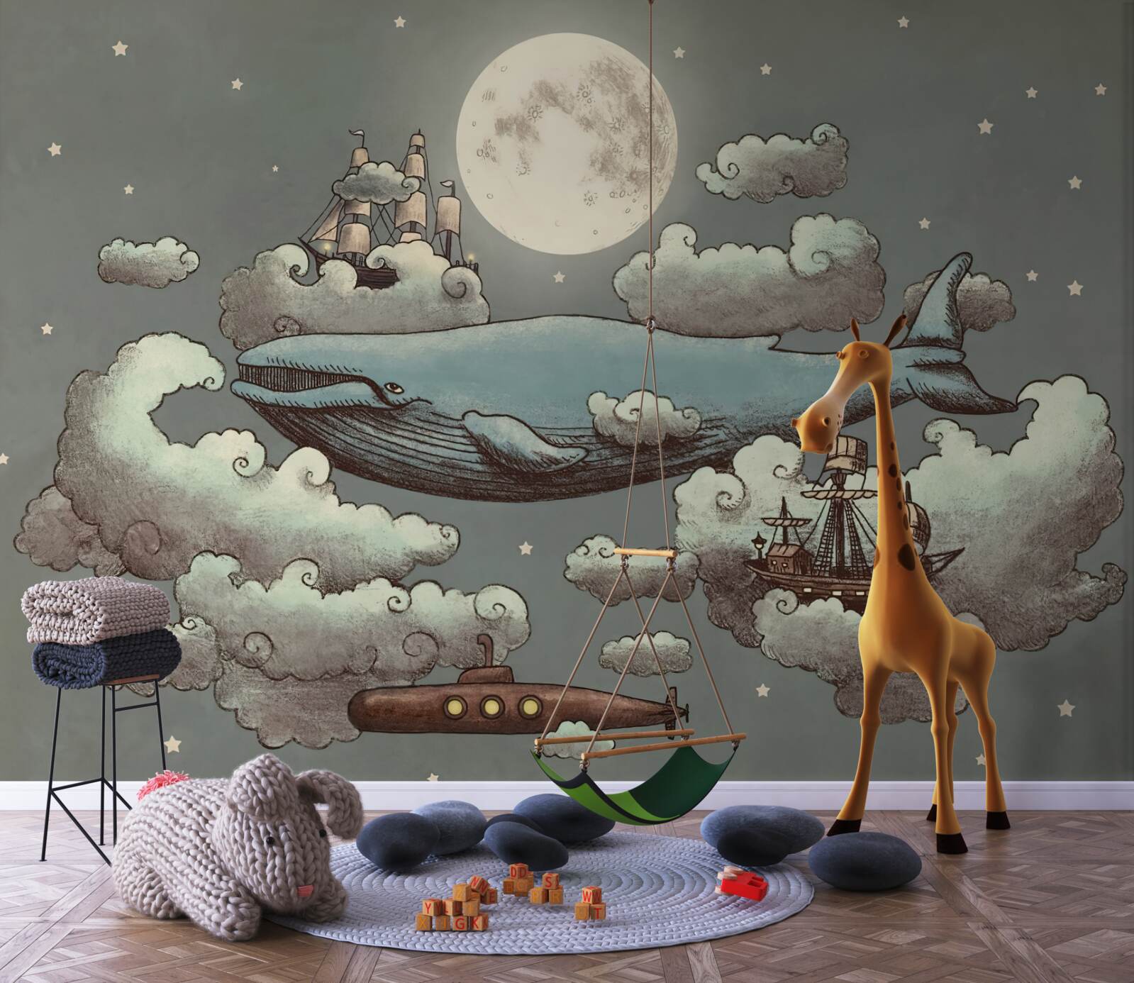 Fotobehang een potvis en een drijvend schip zweven in de wolken