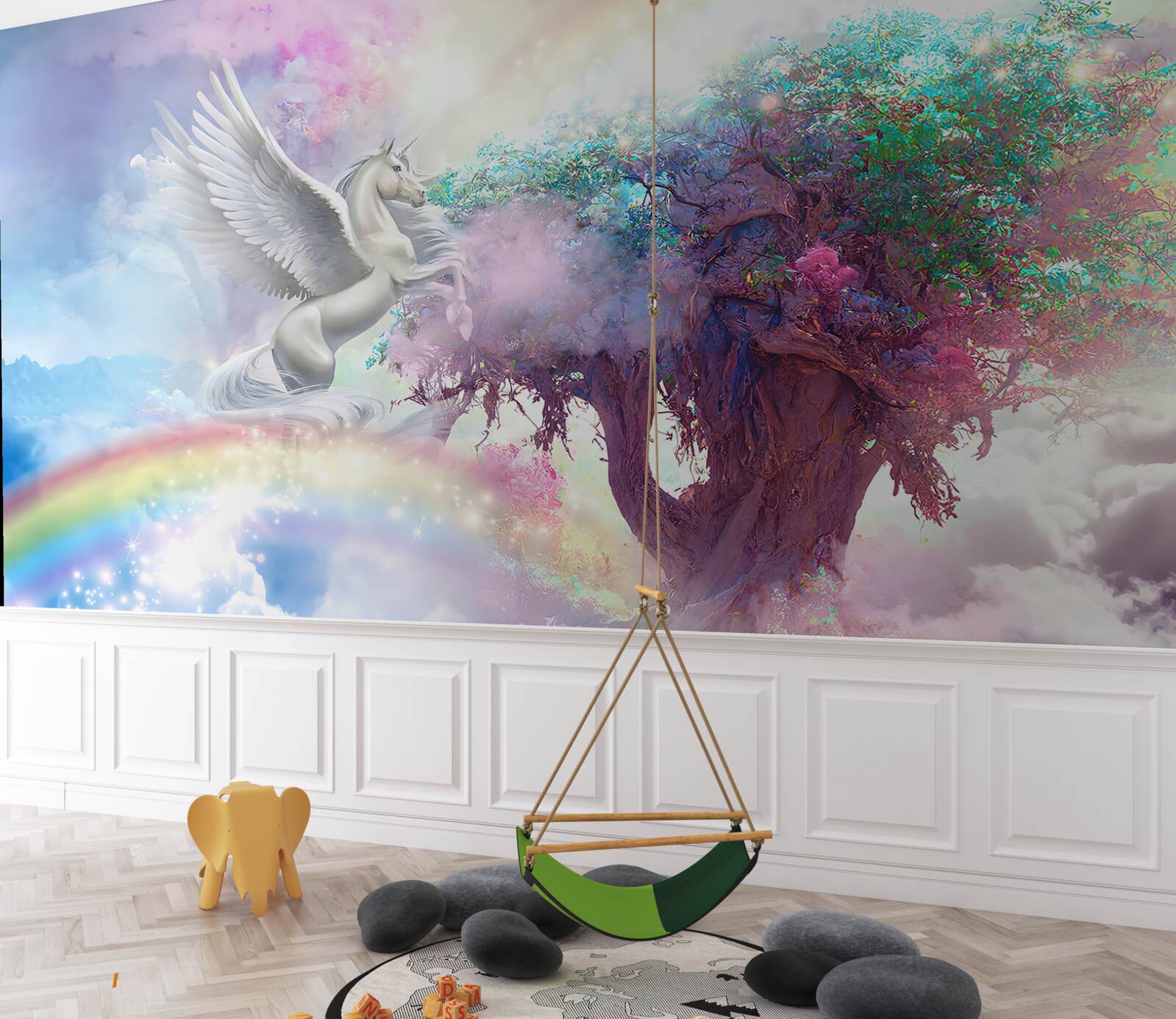 Fotobehang pegasus vliegt naar de boom