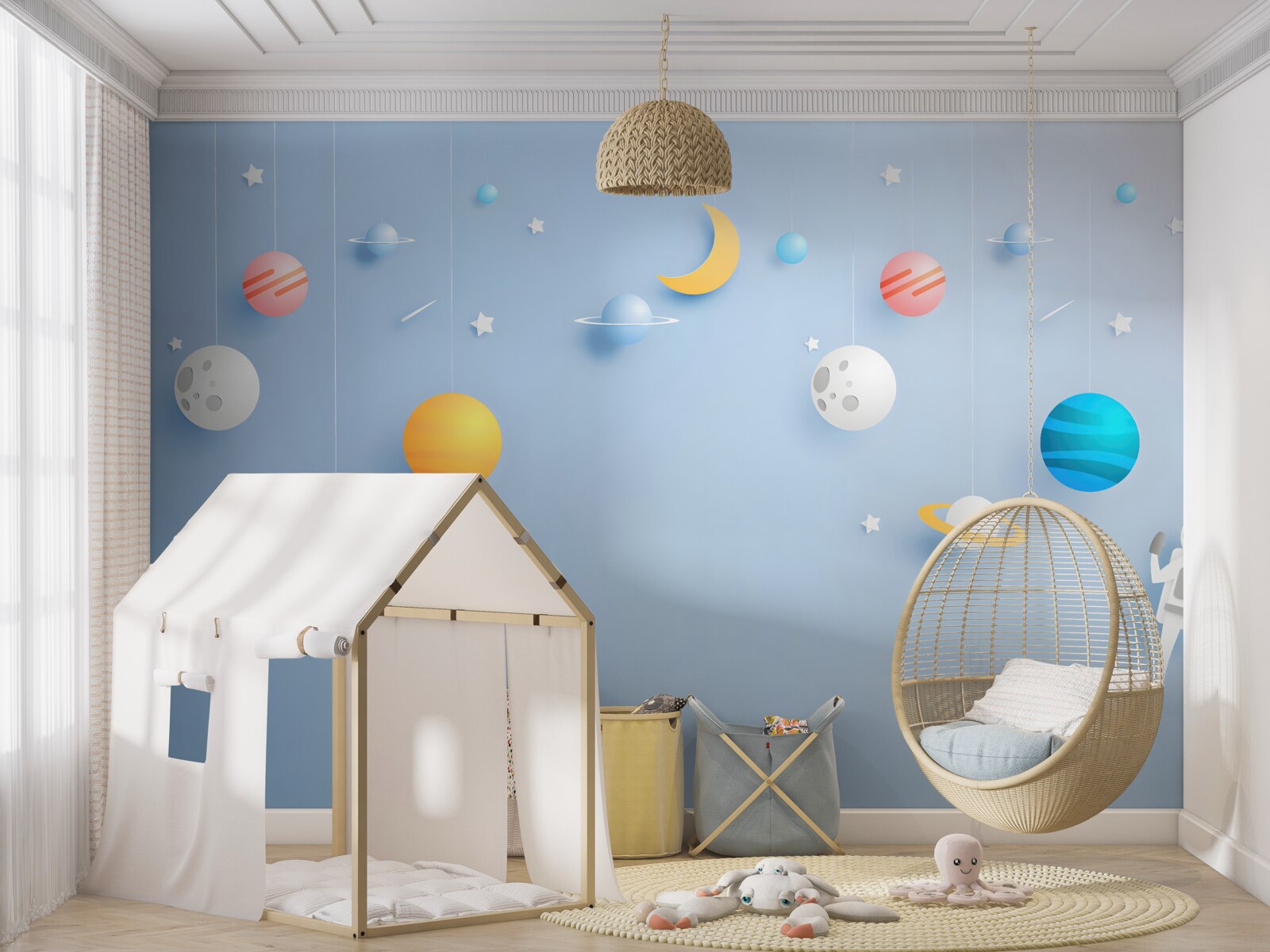 Fotobehang astronaut omringd door planeten