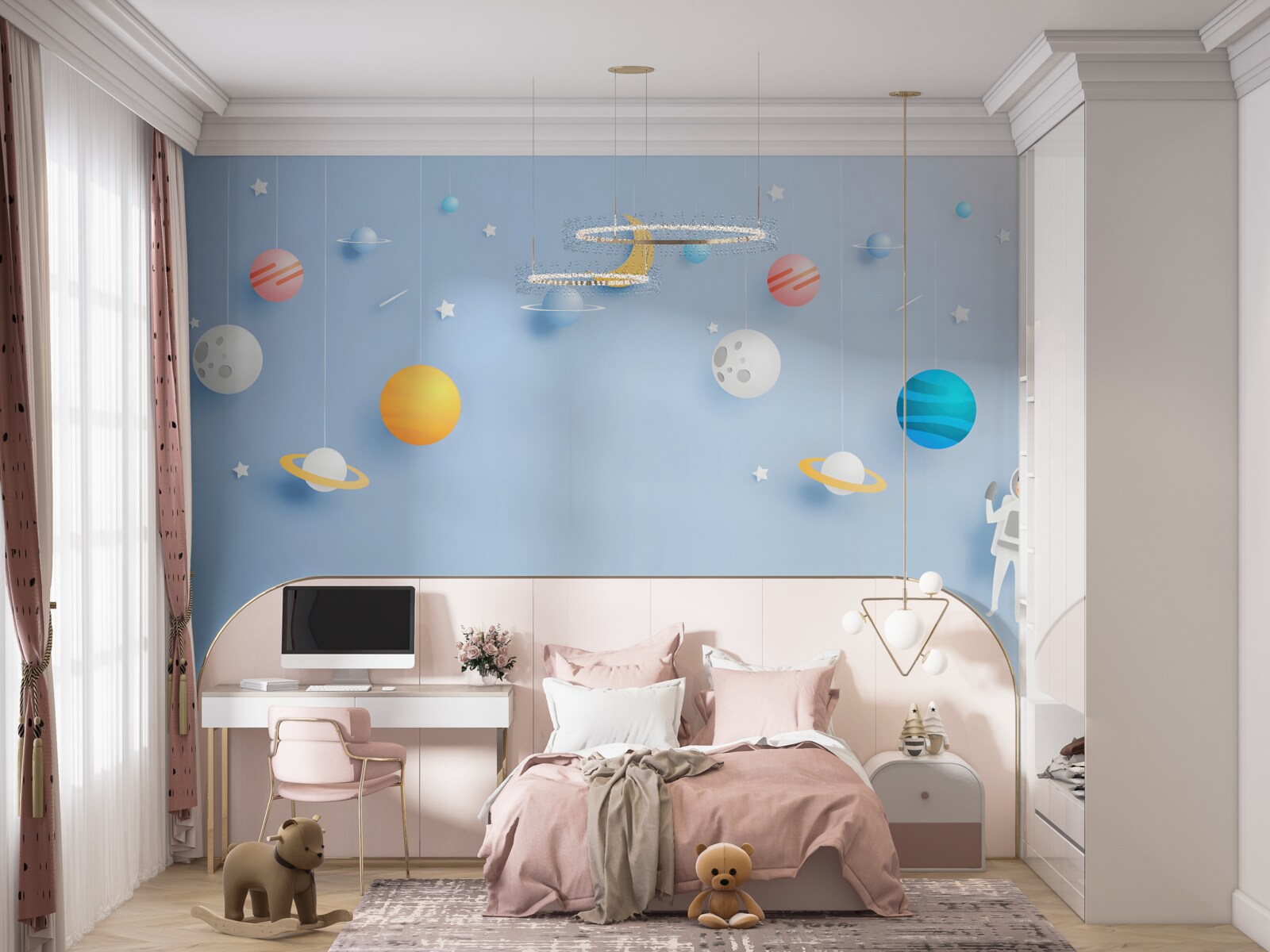 Fotobehang astronaut omringd door planeten