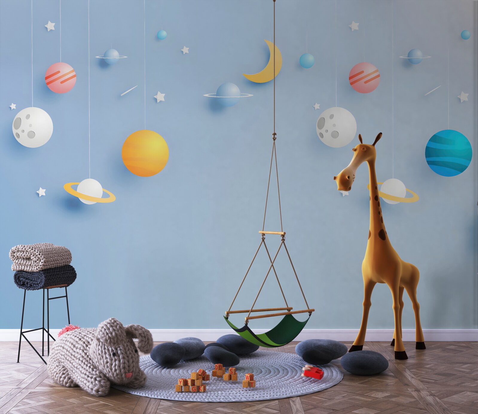 Fotobehang astronaut omringd door planeten