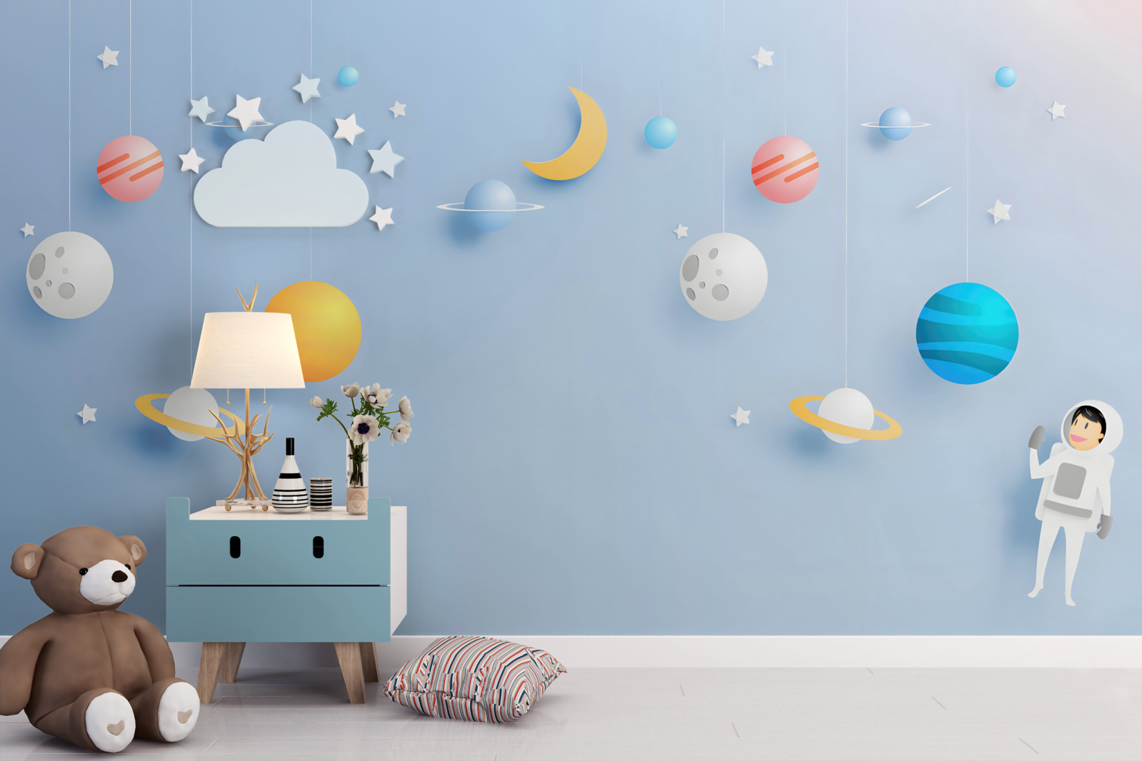 Fotobehang astronaut omringd door planeten