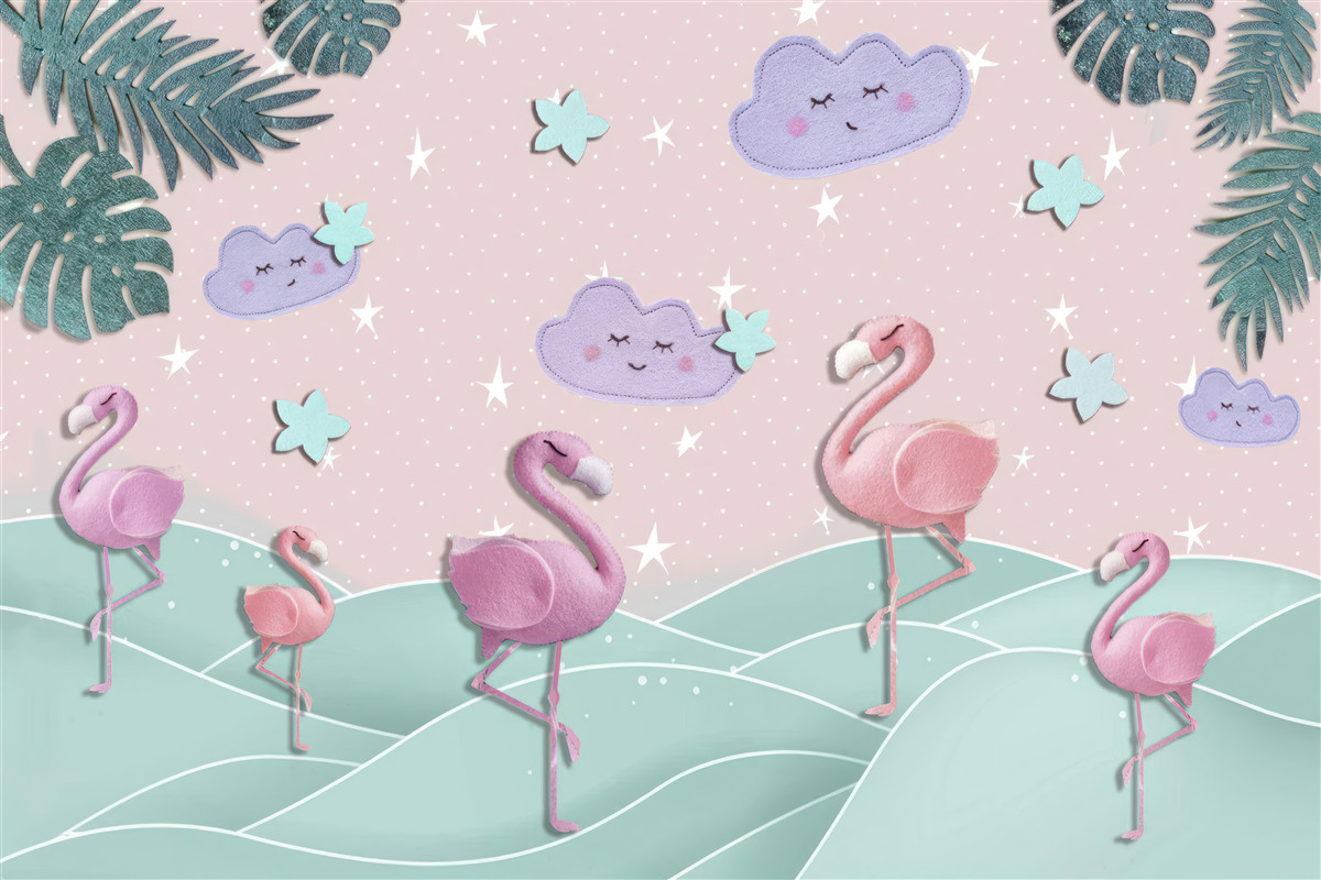 Fotobehang roze flamingo's balanceren op één poot