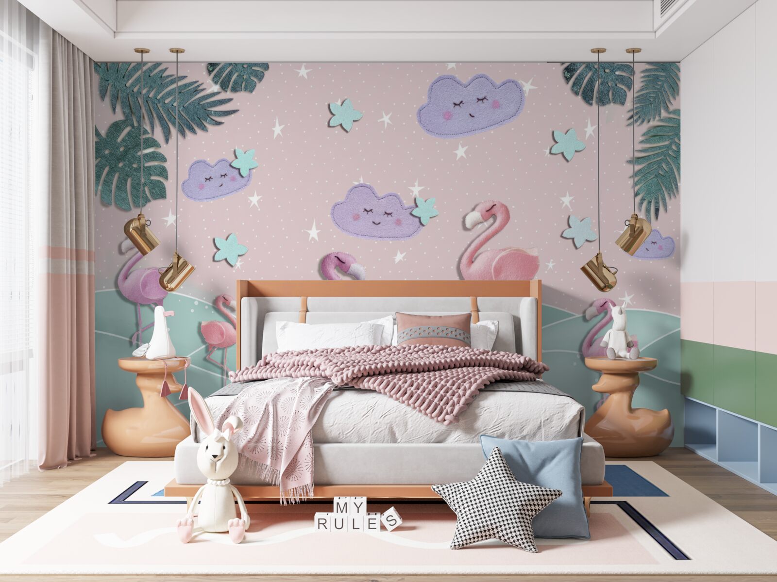 Fotobehang roze flamingo's balanceren op één poot