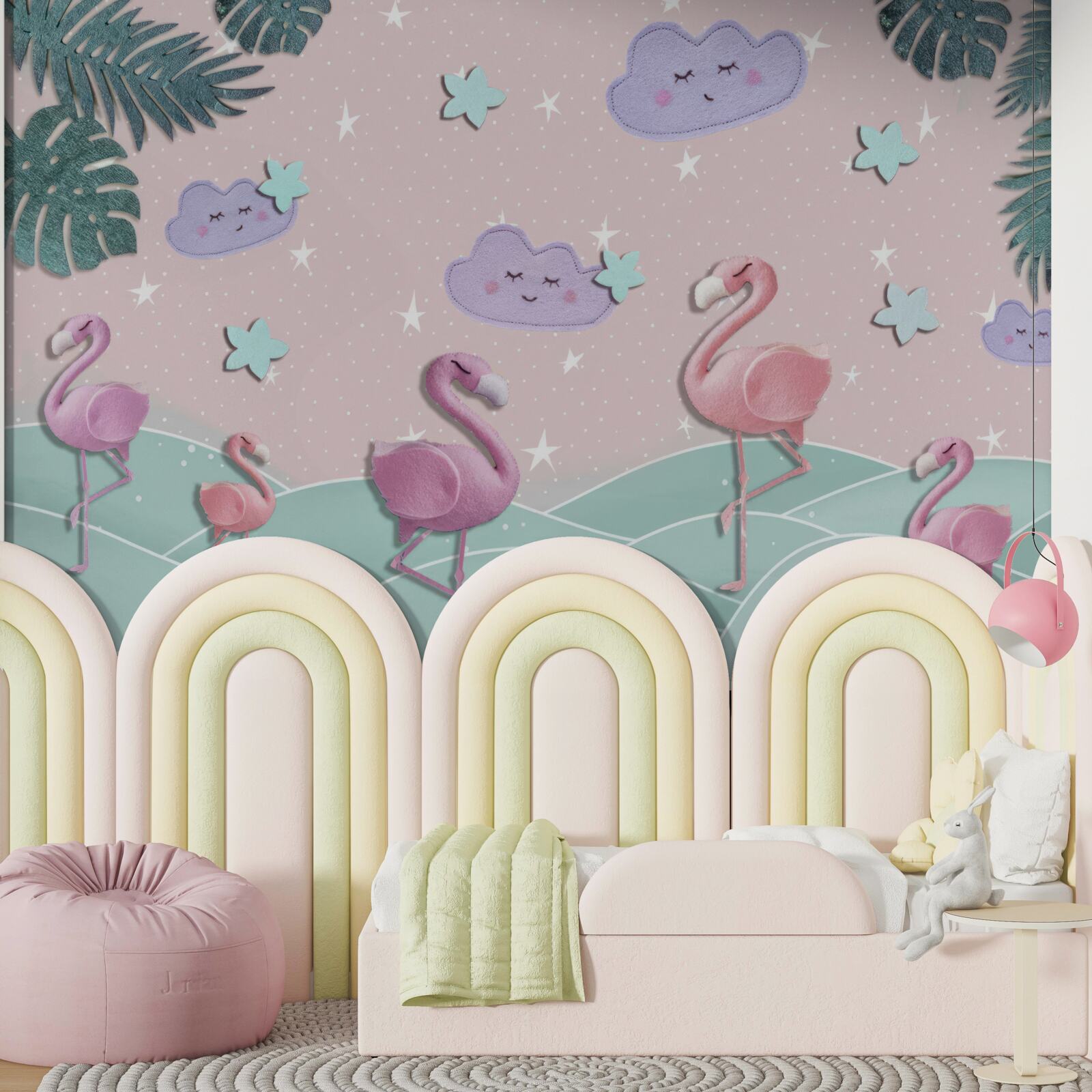 Fotobehang roze flamingo's balanceren op één poot